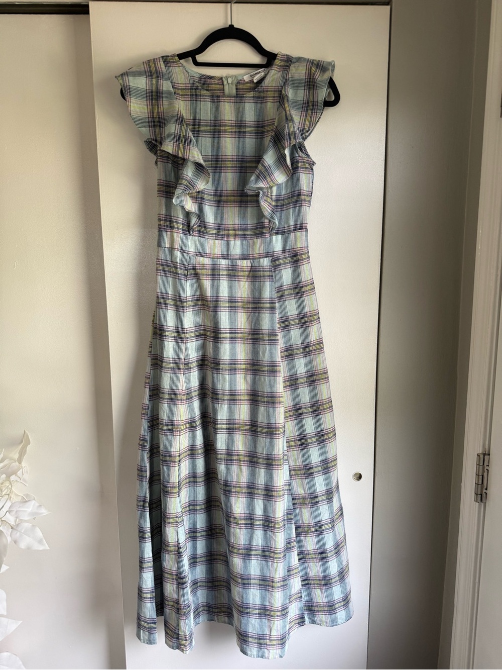 Glamorous Blue and Green Plaid Ruffle-Shoulder Maxi Dress